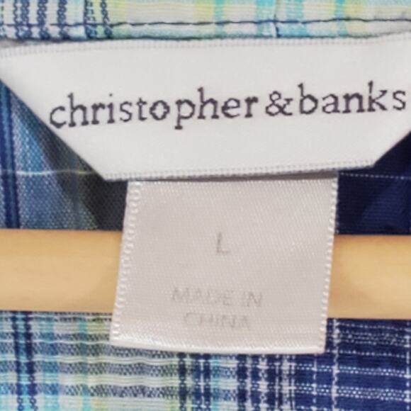 Christopher & Banks Blue Green Plaid V Neck Button Front Long Sleeve Tunic Large - Picture 7 of 8